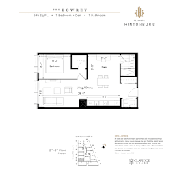 Floor plan for a property at 695 Sq.Ft. with 1 Bedroom and 1 Bathroom.