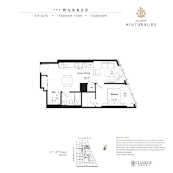Floor plan for a 615 square foot home with one bedroom and one bathroom.
