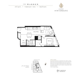 A floor plan for a 615 square foot apartment with one bedroom and one bathroom.