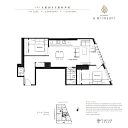 A black and white image of a floor plan for a 2 bedroom, 1 bathroom apartment.