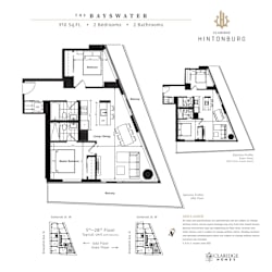 A floor plan for a 910 square foot home with two bedrooms and two bathrooms.