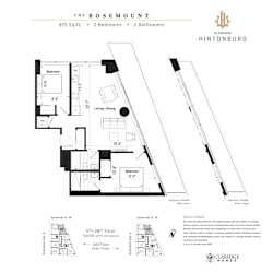 A floor plan for a property called The Rosemount, which is 875 square feet with 2 bedrooms and 2 bathrooms.