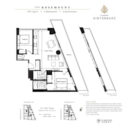 A floor plan for a 2 bedroom, 2 bathroom apartment at The Rosemount.