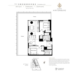 A floor plan for a 2 bedroom, 2 bathroom unit at The Sherbrooke Terrace.