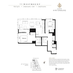 A floor plan for a 900 square foot home with two bedrooms and two bathrooms.