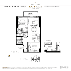 A floor plan for a 900 square feet apartment with two bedrooms and two bathrooms.