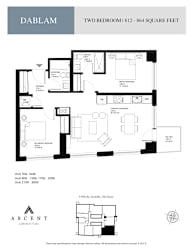 A floor plan for a two bedroom apartment sized between 812 and 864 square feet.