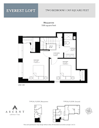 A floor plan for the Everest Loft, a two bedroom, 1303 square foot apartment.