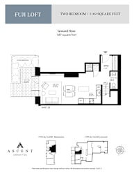 A floor plan for a two bedroom apartment sized 1169 square feet.
