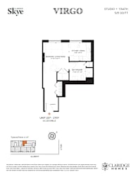 A floor plan for a studio apartment with one bathroom and a kitchen.