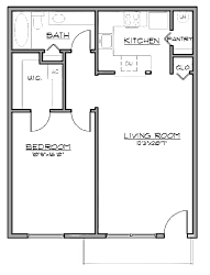 2D floor plan of the A2 Palm 720-square-foot one-bedroom, one-bath apartment at Madison at Roosevelt Apartments.