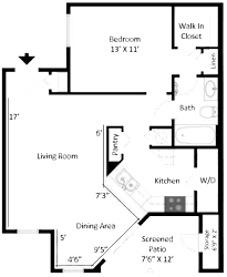2D floor plan of the Amelia one-bedroom apartment at Providence at Palm Harbor, showing the bedroom, open living and dining space, kitchen, bathroom, and closets.