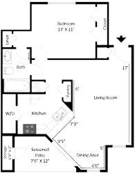 2D floor plan of the American Shoal one-bedroom apartment at Providence at Palm Harbor, featuring a spacious bedroom, open living and dining area, kitchen, bathroom, and ample closet space.