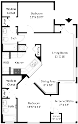 2D floor plan of the Cape Florida two-bedroom, two-bathroom apartment at Providence at Palm Harbor, featuring an open living area, kitchen, two bedrooms, two bathrooms, and generous closet space.