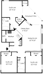 2D floor plan of the Key West three-bedroom, two-bathroom apartment at Providence at Palm Harbor, featuring a spacious living and dining area, kitchen, three bedrooms, two bathrooms, and closets.