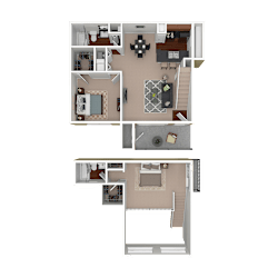 3D furnished rendering of the B1 920-square-foot two-bedroom, two-bath loft apartment at Lincoln Shores Apartments.