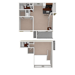 3D unfurnished rendering of the B1 920-square-foot two-bedroom, two-bath loft apartment at Lincoln Shores Apartments.