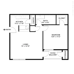 2D floor plan of the A1 Lakeside 550-square-foot one-bedroom, one-bath apartment at Lincoln Shores Apartments.