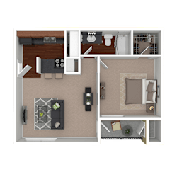 3D furnished rendering of the A1 Lakeside 550-square-foot one-bedroom, one-bath apartment at Lincoln Shores Apartments.
