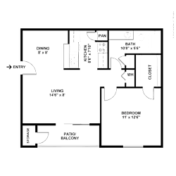 2D floor plan of the A2 650-square-foot one-bedroom, one-bath apartment at Lincoln Shores Apartments.