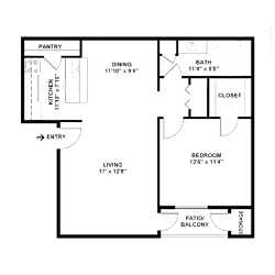 2D floor plan of the A3 750-square-foot one-bedroom, one-bath apartment at Lincoln Shores Apartments.