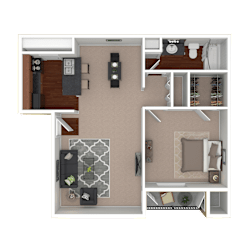 3D furnished rendering of the A3 750-square-foot one-bedroom, one-bath apartment at Lincoln Shores Apartments.