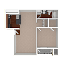 3D unfurnished rendering of the A3 750-square-foot one-bedroom, one-bath apartment at Lincoln Shores Apartments.