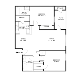 2D floor plan of the B2 1,000-square-foot two-bedroom, two-bath apartment at Lincoln Shores Apartments.