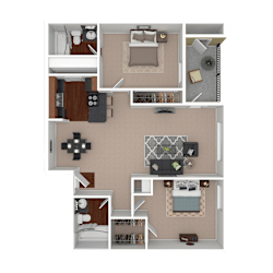 3D furnished rendering of the B2 1,000-square-foot two-bedroom, two-bath apartment at Lincoln Shores Apartments.
