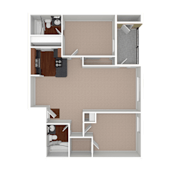 3D unfurnished rendering of the B2 1,000-square-foot two-bedroom, two-bath apartment at Lincoln Shores Apartments.