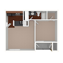 3D unfurnished rendering of the A1 Lakeside 550-square-foot one-bedroom, one-bath apartment at Lincoln Shores Apartments.