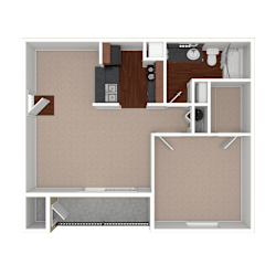 3D unfurnished rendering of the A2 650-square-foot one-bedroom, one-bath apartment at Lincoln Shores Apartments.