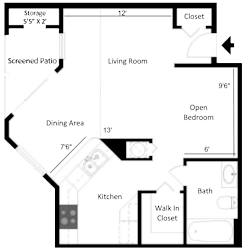 2D floor plan of the Sanibel studio at Providence at Palm Harbor, showing the open living and sleeping area, kitchen, bathroom, closets, and entry.