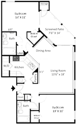 2D floor plan of the St. Marks two-bedroom, two-bathroom apartment at Providence at Palm Harbor, showing the open living and dining area, kitchen, bedrooms, bathrooms, and closets.