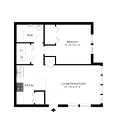 2D floor plan of the A1 Cambridge 540-square-foot one-bedroom, one-bath apartment at Town Place Apartments.