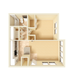 3D unfurnished rendering of the A1 Cambridge 540-square-foot one-bedroom, one-bath apartment at Town Place Apartments.