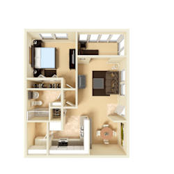 3D furnished rendering of the A2 Newbury 720-square-foot one-bedroom, one-bath apartment at Town Place Apartments.