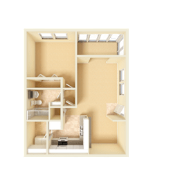 3D unfurnished rendering of the A2 Newbury 720-square-foot one-bedroom, one-bath apartment at Town Place Apartments.
