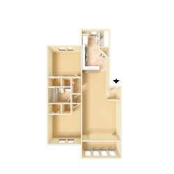 3D unfurnished rendering of the B1 Harvard 836-square-foot two-bedroom, one-bath apartment at Town Place Apartments.