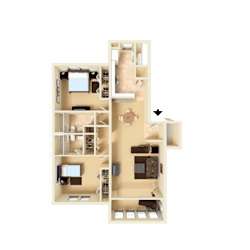 3D furnished rendering of the B2 Copley 1,036-square-foot two-bedroom, two-bath apartment at Town Place Apartments.