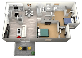 3D furnished rendering of the B1 Tranquility 975-square-foot two-bedroom, two-bath apartment at Madison at Roosevelt Apartments.