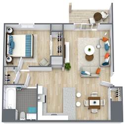 A top-down view of a modern apartment layout with a living room, dining area, kitchen, and bathroom.