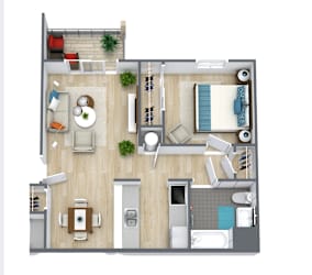 A top-down view of a modern apartment layout with a kitchen, living room, and bathroom.