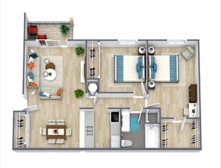A top-down view of a small apartment layout with a kitchen, living room, and bathroom.