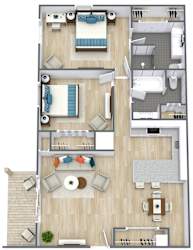 A floor plan of a house with a living room, dining room, kitchen, and bathrooms.