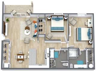 A floor plan of a house with a living room, dining room, kitchen, and bedrooms.