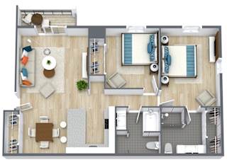 A top-down view of a well-furnished living and dining area.