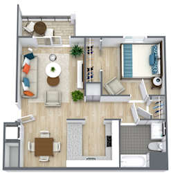 A top-down view of a living room with a couch, chairs, a coffee table, a potted plant, and a rug.