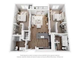 A 3D floor plan of a house with labeled rooms.