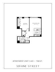Apartment floor plan for a 3-bedroom unit at 509 Vine Street.